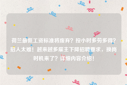 荷兰最低工资标准将废弃？按小时多劳多得？招人太难！越来越多雇主下降招聘要求，换岗时机来了？详细内容介绍！